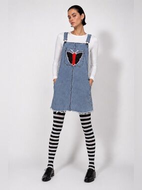 Denim Pinafore Dress with Moth Patch - blue, black and red. Fringe hem. L